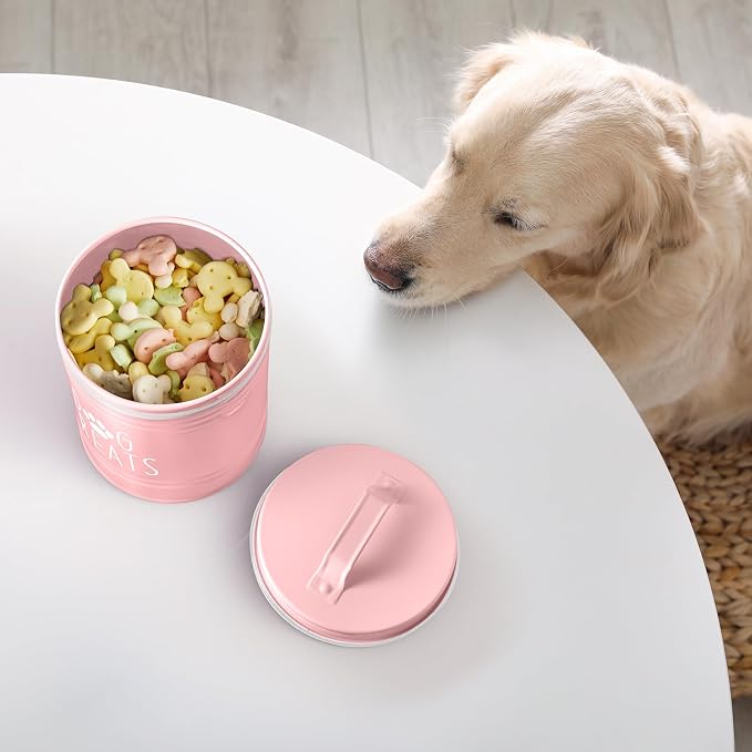 OUTNILI Pink Small Dog Treat Container Airtight - 6" Tall X 4.9" Round Pink Dog Treat Jar for Kitchen Counter - Rustic Treat Storage Canister for Dogs, Cats, Small Animals - Gifts for Pet Owners