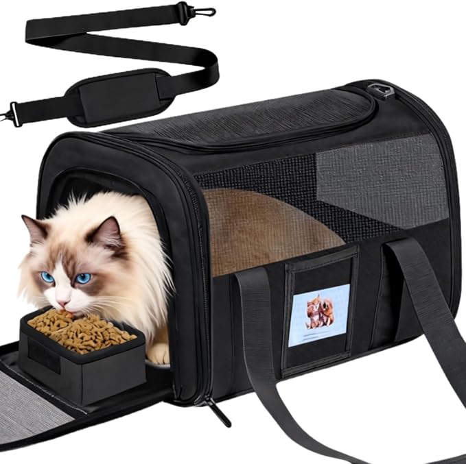 Soft Cat Carrier for Pets Up to 25 lbs, Cat Pet Travel Bag with Padded Shoulder Strap and Detachable Cat Food Bowl, Pet Dog Carriers for Small Dogs and Puppies, Travel Carry, Black