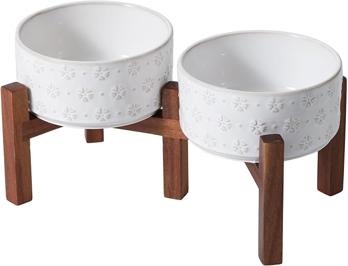 Havniva 6.1" Elevated Dog Bowls Ceramic Raised Dog Bowl with Non-Slip Stand (Acacia Wood) Two Height Options, Dog Food & Water Bowl for Small & Medium Breed Dogs - 3.4 Cups 27 oz
