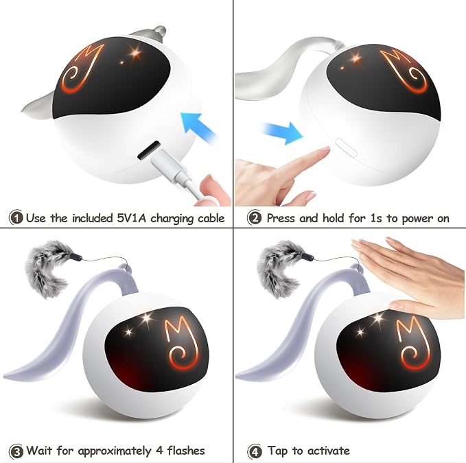 Migipaws Interactive Cat Ball Toy Set, Fun Tracker, Automatic Rolling Chase Ball with Fluffy Tail, A Small Mice, Rechargeable (White)