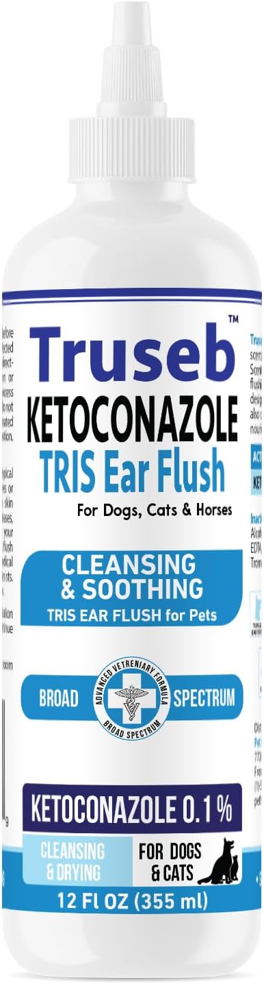 Truseb Cat & Dog Ear Infection Treatment Solution – Medicated Ketoconazole 1% TRIS with Trizmax EDTA (Tromethamine USP, Disodium Edta) – Soothes Itchy & Inflamed Ears, Cleans Debris and Buildup(12 oz)