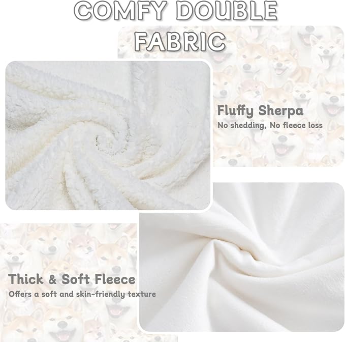 BlessLiving Fuzzy Dogs Blanket for Kids Adults Cute Puppy Fleece Blanket Reversible Animal Pattern Sherpa Throw (Shiba Inu,Throw, 50 x 60 Inches)