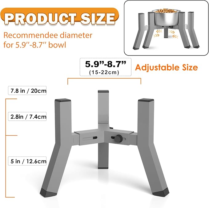 Eelevated Dog Bowl Stand for Small Dogs, Adjustable Width 5.9-8.7'', Raised Dog Food Water Bowls, 7.8'' Tall, Grey-Bowl Not Included