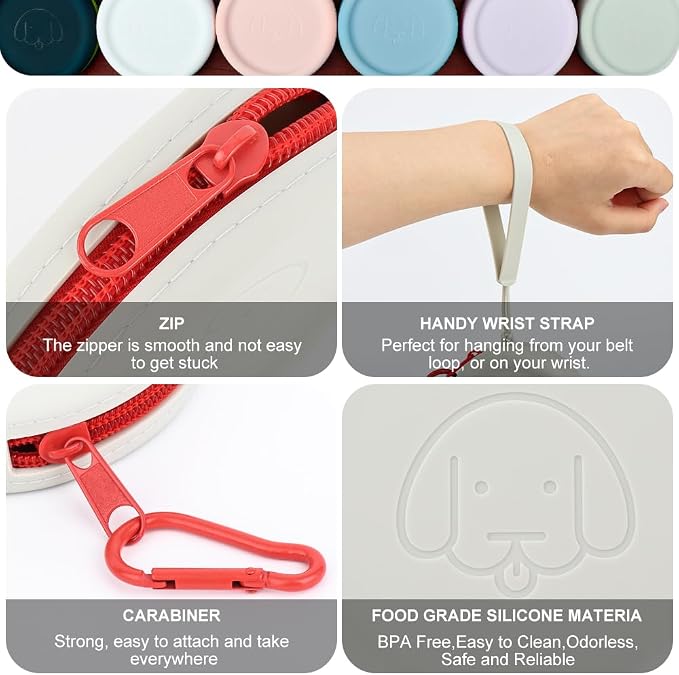 WALLFID Silicone Dog Treat Pouch Small Bag,with Pet Training Clicker,Walking Bag for Dog and Cat, Pocket Size, Easy to Clean, Odorless, Zipper Design,Moisture-Proof,Travel Walking Bag.(White)