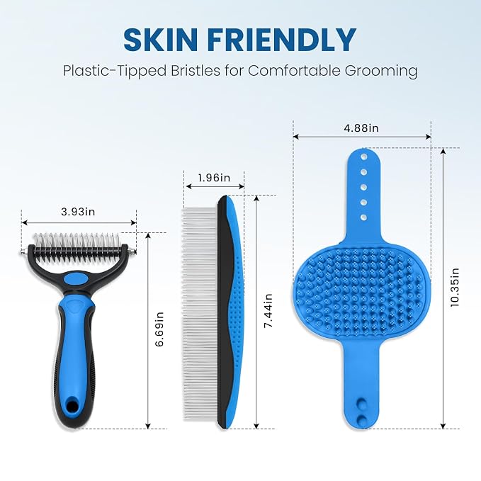 Double-Sided Pet Grooming Rake - 4-in-1 Professional Pet Grooming Kit Deshedding Dematting Tool for Dogs Cats Extra-Wide Grooming Brush & Deshedder Comb for Long & Short Haired Pets (Blue Kit 4PCS)