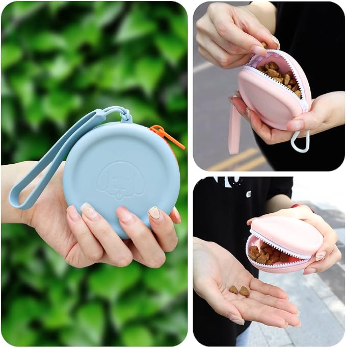 Silicone Dog Treat Pouch Small Bag,2PCS Pet Walking Bag for Dog and Cat,Pocket Size,Easy to Clean,Odorless,Zipper Design,Moisture-proof,Travel Walking Bag,Portable Training Bag. (Sky Blue&Light Pink)