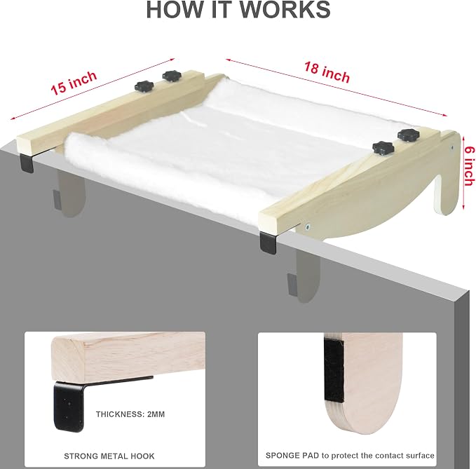 Cat Window Perch, Wooden Window Perch for Cats Inside, 2 in1 Cat Hammock for Window, Versatile Cat Window Bed, Multi Installation Place Window Cat Bed for Windowsill Bedside Drawer and Cabinet