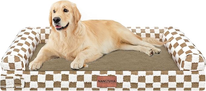 NANUYA Orthopedic Dog Bed for Large Dogs, 36 x 27 Inch, Brown Grid | Egg crate foam for joint support, 3-sided bolster pet sofa, waterproof lining, washable cover, and non-skid base