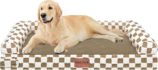 NANUYA Orthopedic Dog Bed for Large Dogs, 36 x 27 Inch, Brown Grid | Egg crate foam for joint support, 3-sided bolster pet sofa, waterproof lining, washable cover, and non-skid base