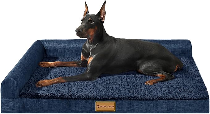 Patas Lague Orthopedic Large Dog Bed Washable Pet Sofa Bed 48X30 Navy Blue | 2-Sided Bolster Egg-Crate Foam Dog Couch Large Sized Dogs, Waterproof Removable Washable Cover, Nonskid Bottom Pet Crate Mat