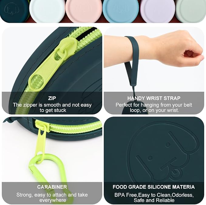 Silicone Dog Treat Pouch Small Bag,2PCS Pet Walking Bag for Dog and Cat,Pocket Size,Easy to Clean,Odorless,Zipper Design,Moisture-Proof,Travel Walking Bag,Portable Training Bag(Drak Green&White)