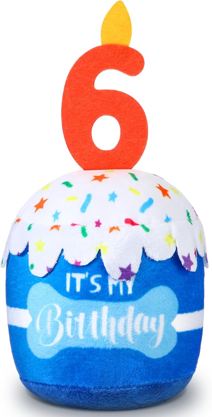Dansydaisy Dog Birthday Cake Toy Squeaky Plush Toy for Girl Boy Gifts, Chew Accessories for Dog Birthday Party Decor Favor for Large, Medium and Small Dogs(6th,Blue)