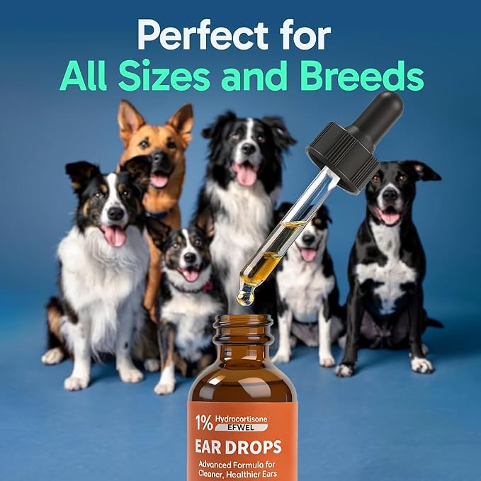 Dog Ear Cleaner Drops with 1% Hydrocortisone, Natural Infection Treatment for Dogs and Cats, Yeast Infection and Itchy Ear Relief, 2 fl oz