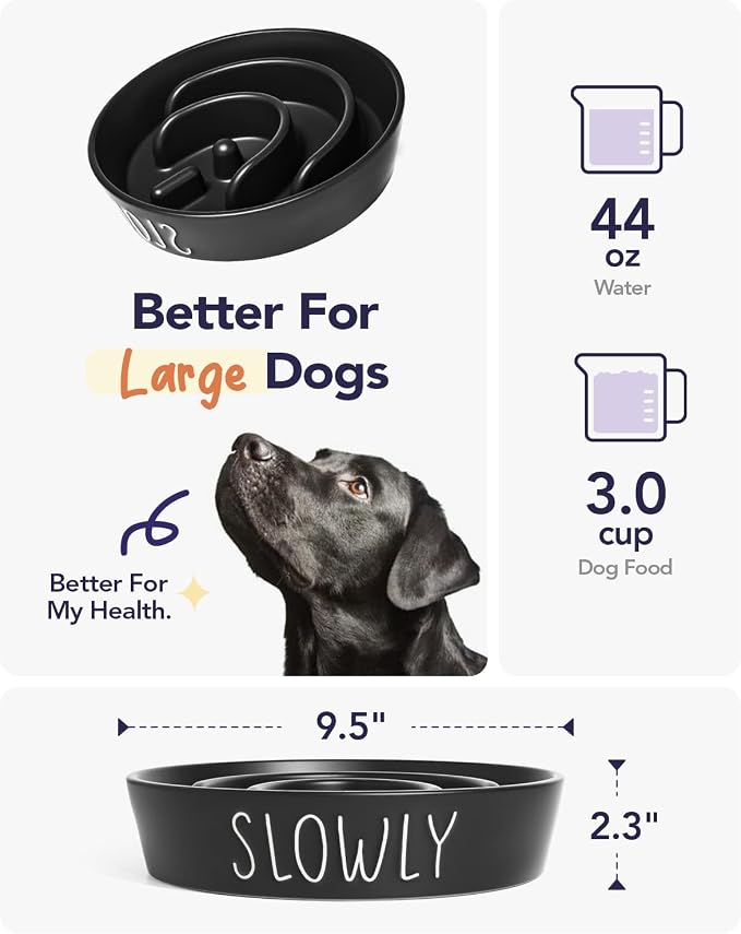 LE TAUCI PET Ceramic Slow Feeder Dog Bowl - 3 Cup Puzzle Maze for Medium & Large Breeds, Puppies & Fast Eaters, Pet Food Dish Black