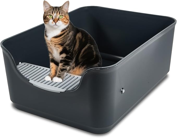 Large Cat Litter Box with High Sides,Cat Boxes for Indoor Cats,Cat Litter Pan for Kitty,Litter Box with Low Entry,Easy to Clean,Anti-Splashing (Dark Grey)