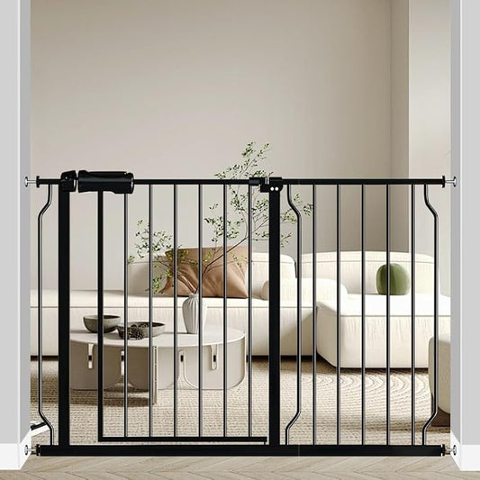 Fairy Baby Walk Through Baby Gate 43.5-48 Inch Wide for Stairs, Pressure Mounted Safety Gate with Door No Drill, Black Tension Metal Gate for Dog and Toddler