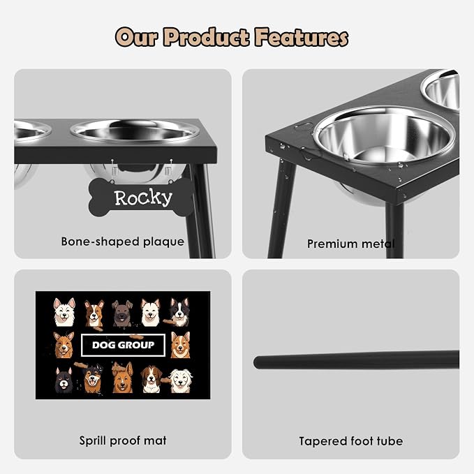 ADENGL Metal Raised Dog Bowl Stand for Large and Medium Dogs, Elevated Dog Bowls with Sprill Proof Mat ＆ Slow Feeder, Pet Food Bowls 10" Tall Dogs Feeder (58OZ-Stainless Steel Pet Bowl, Mat-16x24in)