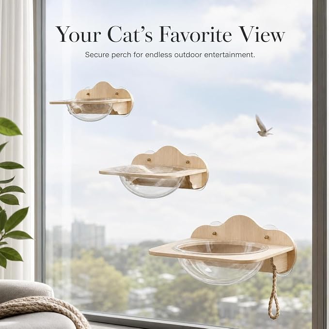 Cat Window Hammock with Wooden Frame Window Perch Shelf Bed Suction Cup Mount Resting Seat Wood and Glass Capsule Design Suitable for Apartment, Style to 1