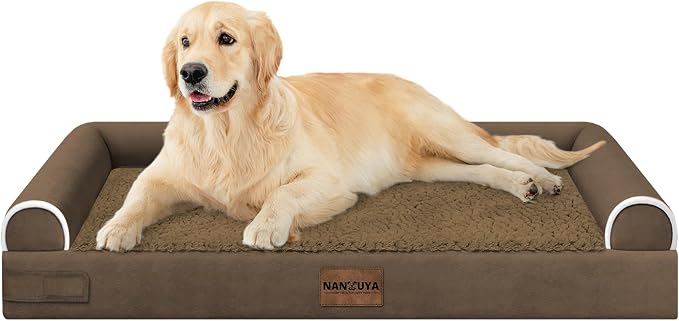 NANUYA Orthopedic Dog Bed for Large Dogs, 36 x 27 Inch, Dark Coffee | Egg crate foam for joint support, 3-sided bolster pet sofa, waterproof lining, washable cover, and non-skid base
