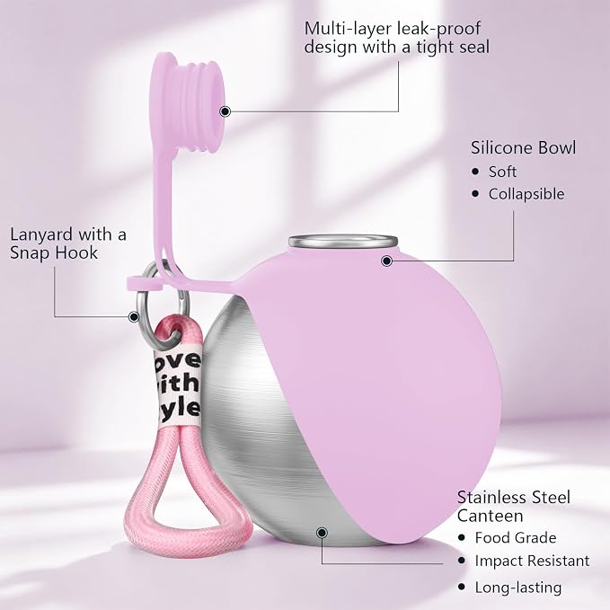 2 in 1 Dog Water Bottle with Bowl, 10oz Stainless Steel Travel Pet Water Dispenser, No-Spill Leak-Proof Design with Silicone Bowl, Compact Pet Drinking Bowl for Puppies Outdoor (Pink)