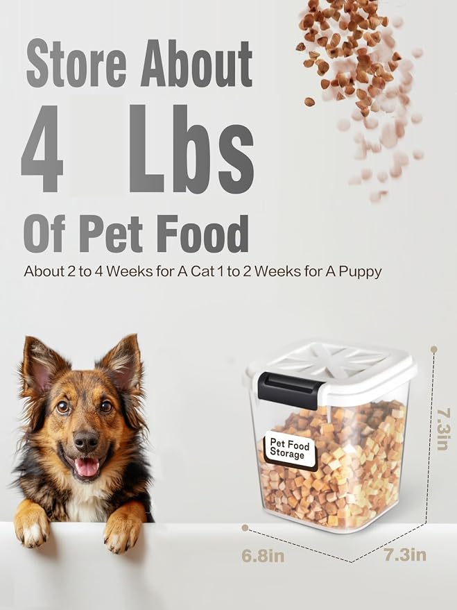 LivLab Mker Pet Food Storage Container, 5 lbs Dog Cat Treat Storage Bin with Lid, Dry Food Storage for Dog Treats, Cat Food, Cereal, Rice, Birds (4 lbs) - White | Airtight snap-lock lid, clear BPA-free body, and measuring cup for dog treats, cat food, ...