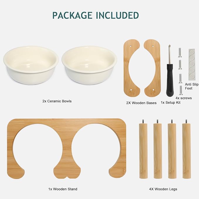 Elevated Ceramic Dog Bowl with Stand, Raised Food and Water Feed Set, Beige | Pet Dishes For Small and Medium Breeds, 6.9" Wide Double Modern Porcelain Bowls, 6.3" High Wooden Stand, Non-Slip, 28Oz/800ML