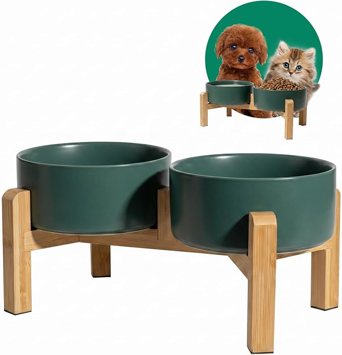 Elevated Ceramic Dog Bowl Set - Raised Feeding Bowls with Non-Slip Bamboo Stand - Small Pet Dishes for Food and Water - Ideal for Cats and Puppies - 16.23 OZ - 2 Cups - 480 ML