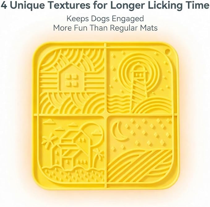 Dog Lick Mat with Suction Cups, 4-Texture Enrichment Slow Feeder for Dogs & Cats, Non-Slip Silicone Licking Pad for Anxiety Relief, Bathing & Training(Yellow)