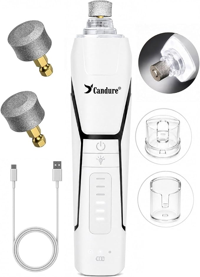 Candure Dog Nail Grinder Upto 6-Speed Dog Nail Trimmer for Large, Medium, Small Dogs, Cats & Pets - Low Noise Rechargeable Dog Claw Grinder with 360° LED Lights & Extra Grinder Head (White)