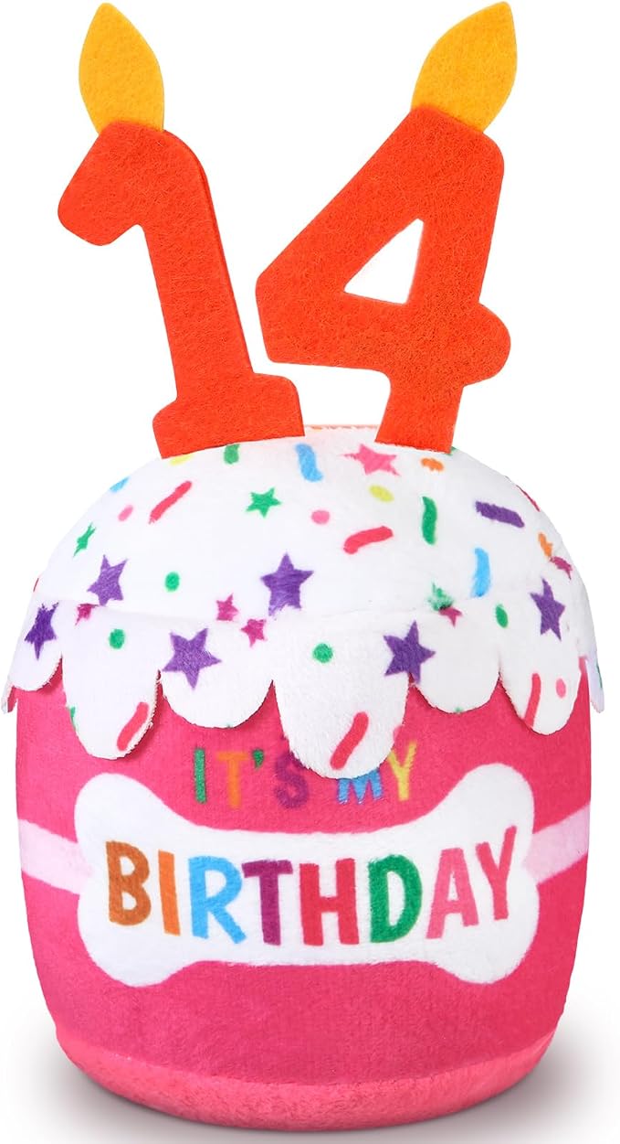 Dansydaisy Dog Birthday Cake Toy Squeaky Plush Toy for Girl Boy Gifts, Chew Accessories for Dog Birthday Party Decor Favor for Large, Medium and Small Dogs(14th,Pink)