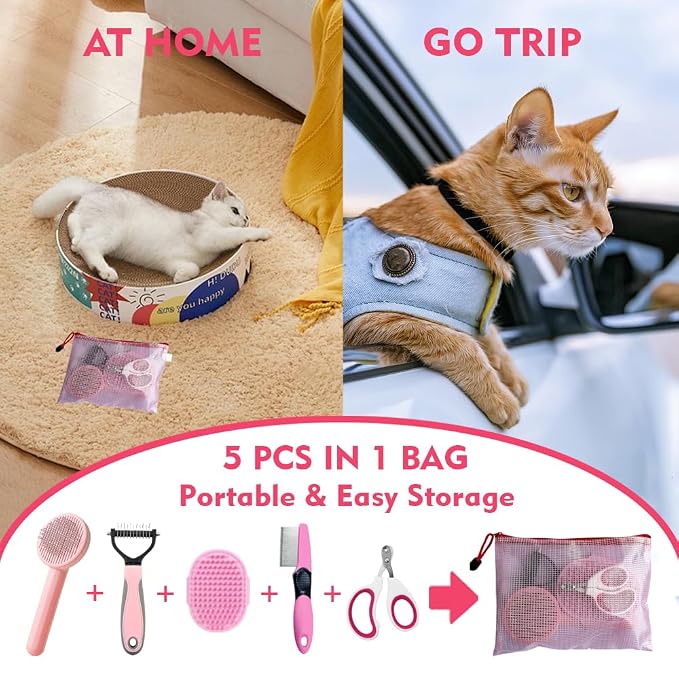 Grooming Kit for Indoor Long-Haired Cats - Self-Cleaning Brushes for Shedding and Matted Fur, Flea Comb Set, Pink