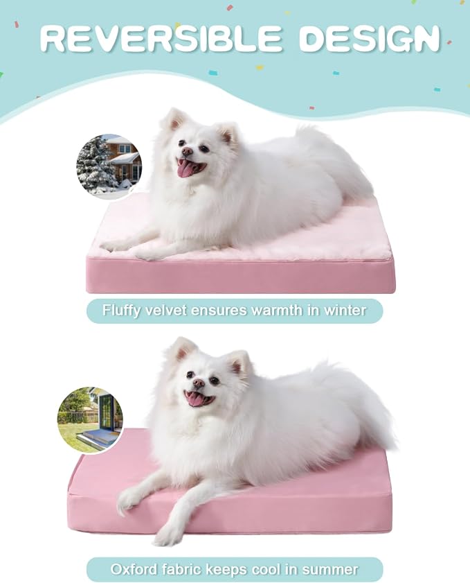 KSIIA Orthopedic Dog Bed Waterproof Dog beds for Medium Dogs Deluxe Plush Washable Pet Mat with Egg Crate Foam & Removable Cover, 29 x 18 Inch, Pink