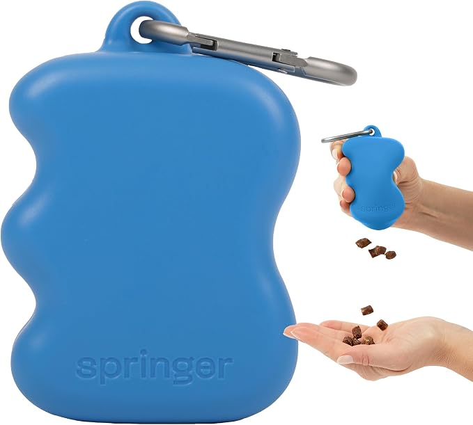 Springland Silicone Dog Training Treat Pouch for Leash, Blueberry | One-hand squeeze dispenser, food-grade silicone, BPA-free, carabiner included, easy-fill holder for rewards on the go