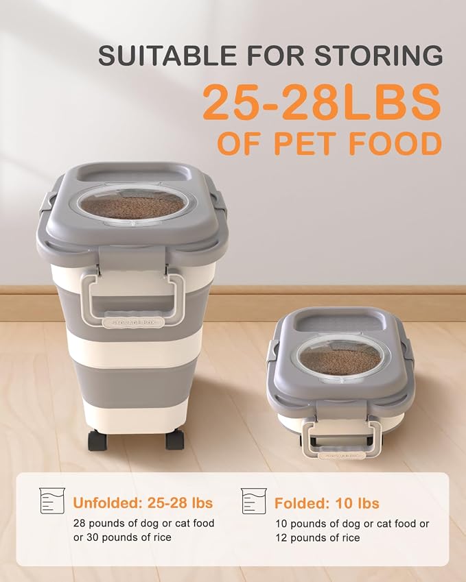25-28Lbs Dog Food Storage Container Airtight,Collapsible Pet Food Storage | Dog Food Container with Handle,Wheels,Double Airtight Seal Fresh,Save Space,Pest/Mouse-proof,Small Cat Food Container,Scoop