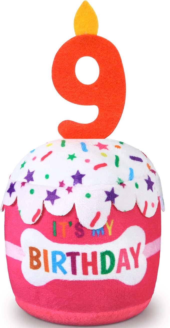 Dansydaisy Dog Birthday Cake Toy Squeaky Plush Toy for Girl Boy Gifts, Chew Accessories for Dog Birthday Party Decor Favor for Large, Medium and Small Dogs(9th,Pink)