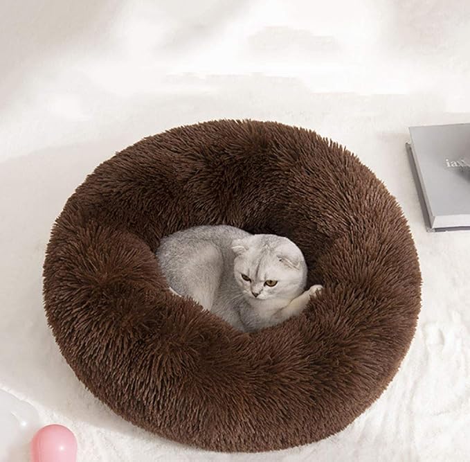 Modern Soft Plush Round Pet Bed for Cats or Small Dogs, Mini Medium Sized Dog Cat Bed Self Warming Autumn Winter Indoor Snooze Sleeping Cozy Kitty Teddy Kennel (24'' D x 8'' H, Chocolate)