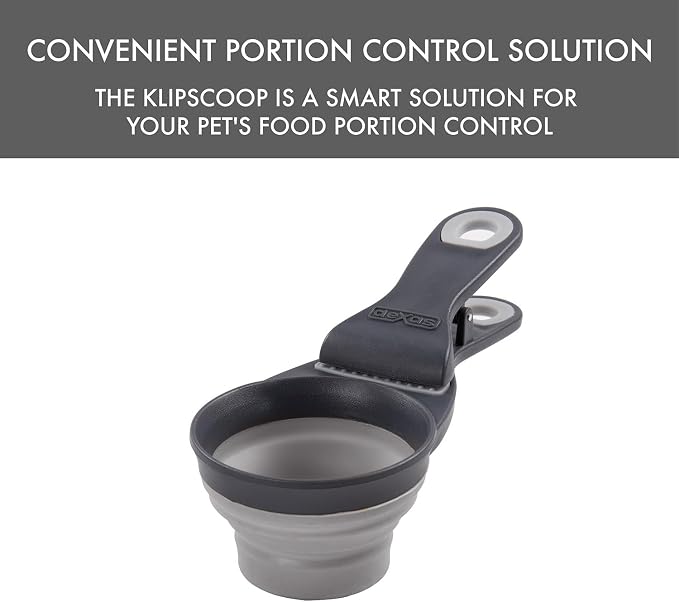 Dexas Popware for Pets Collapsible Klip Scoop, 3-in-1 Pet Food Scoop, Measuring Cup and Bag Clip, 1/2 Cup Capacity, Light Gray