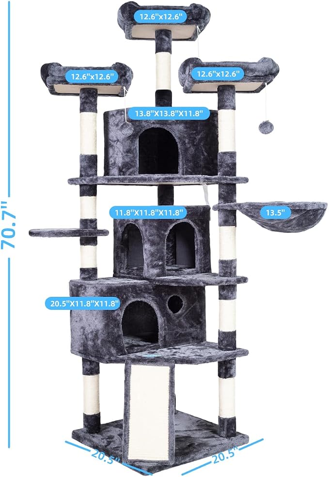 Hey-brother Cat Tree Tower with Multi-Level Large Condo, Platform, MPJ032G | 73.4 Inch Cat Tower with 3 Caves, 3 Cozy Perches, Scratching Posts, Board, Activity Center Stable for Indoor Cats, Smoky Gray