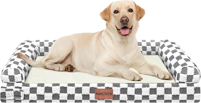 NANUYA Orthopedic Dog Bed for Large Dogs, 38 x 25 Inch, Dark Grey Grid | Egg crate foam for joint support, 3-sided bolster pet sofa, waterproof lining, washable cover, and non-skid base