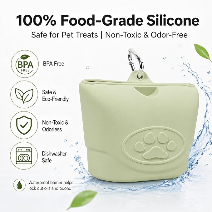 Upgraded Dog Treat Pouch with Strong Magnetic Closure - Small Silicone Training Bag, Waist-Mounted Clip & Leash Carabiner, Airtight Portable Treat Bag (Light Green)
