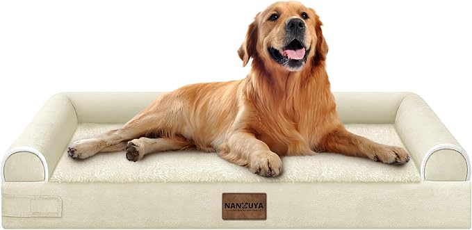 NANUYA Orthopedic Dog Bed for X-Large Dogs, 40 x 32 Inch, Beige | Egg crate foam for joint support, 3-sided bolster pet sofa, waterproof lining, washable cover, and non-skid base