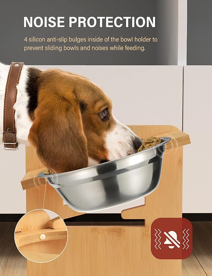 Elevated Dog Bowls, Raised Dog Bowl Stand Adjustable Small, Natural | Bamboo Elevated Feeder with 2 Stainless Steel Bowls, Adjustable Height Stand for Small Puppies and Cats