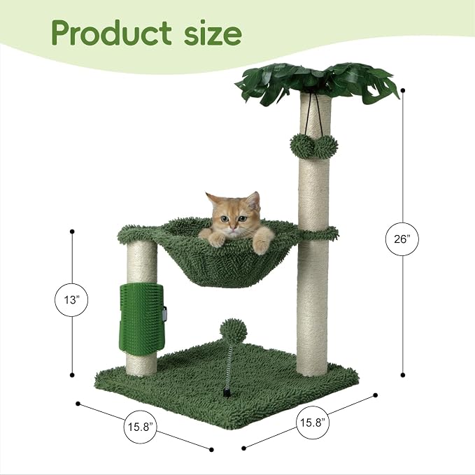 MECOOL Small Cat Tree Tower Scratching Post with Hammock for Indoor Kittens and Small Cats up to 7lb,Self-Massage Bursh Hanging Ball Toys,Monstera deliciosa Green