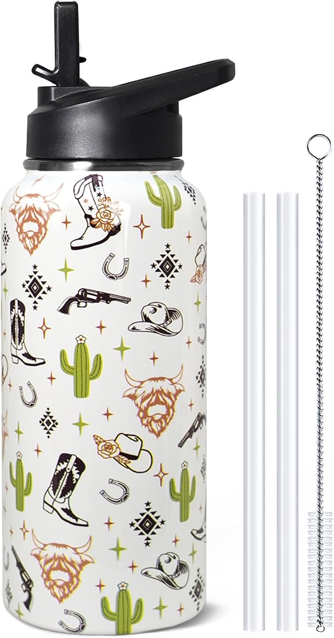 32oz Western Stainless Insulated Aater Water Bottle with Straw,Western Cow Skull Gym Hiking Sports Coffee Mug Cup Water Bottles,Western Cow Skull Cowboy Copper Cowgirl Decor Stuff Accessories
