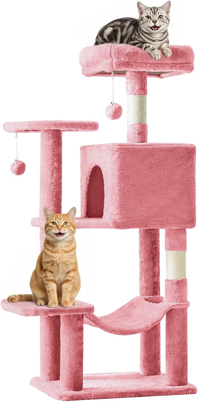 DUMOS 44 Inch Cat Tree Tower with Natural Sisal Scratching Posts | Small Cat Tree with Hammock, Pet Condo for Indoor Cats and Kittens Play, Pink