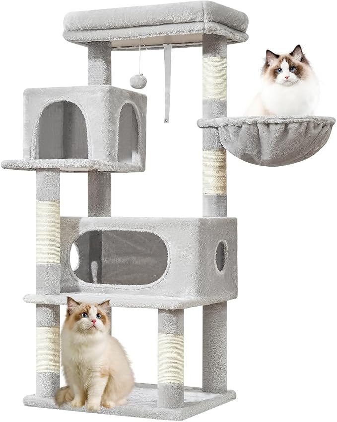 Taoqimiao Cat Tree, 49In Cat Tower for Indoor Cats Large Adult | 2 Luxurious Cat Condos, Thick Padded Top Perch, Adjustable Hanging Baskets, 5 Scratching Sisal Posts, Light Gray MS029LW