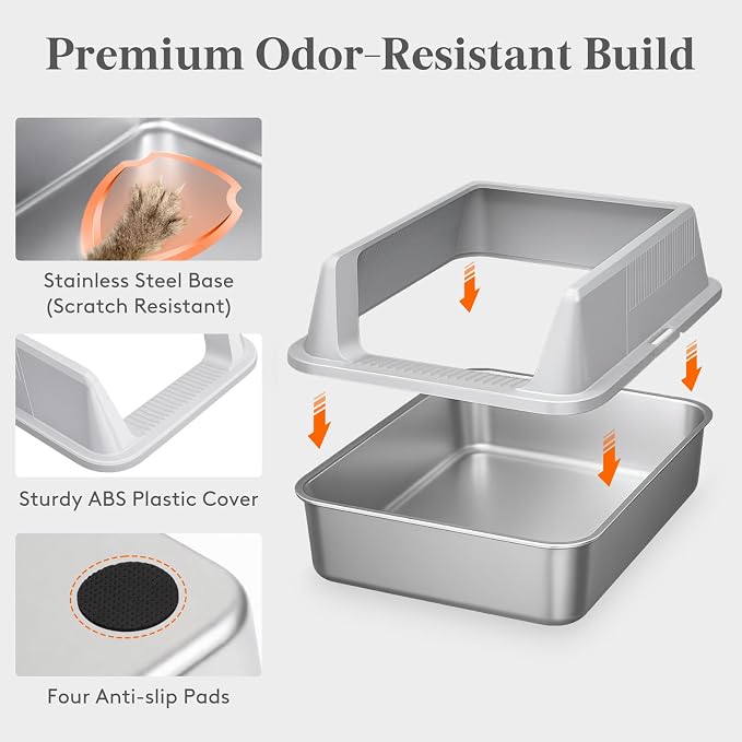 Lifewit Small Stainless Steel Cat Litter Box, Metal Kitty Litter Tray with Non-Slip Pads, Anti-Leakage Top Entry and High Sided, Grey