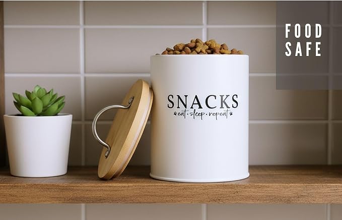White Dog and Cat Treat Container with Easy to Open Bamboo Lid, 8.5 cups/ 70 fl oz.
