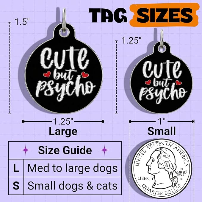 Bad Tags Personalized Dog and Cat ID Tags in 25+ Designs and 2 Sizes - 5 Lines of Custom Engraved Text - Funny Cute Personalized Pet Tags (Cute But Psycho - Black, Large (1.25 inch))