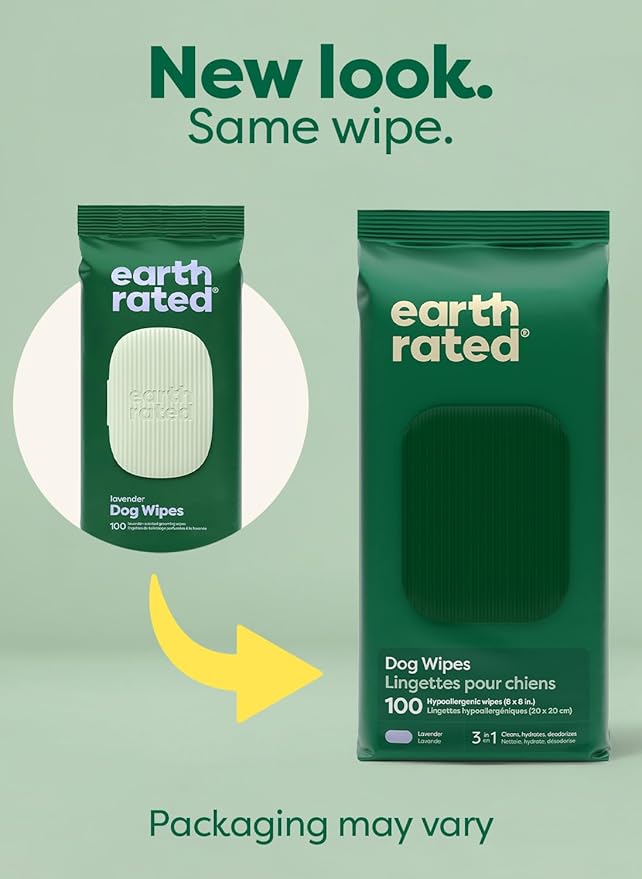 Earth Rated Dog Wipes for Paws & Butt, Deodorizing, Lavender, 100ct | Hypoallergenic, 3-in-1 Cleaning and Hydrating, for Grooming Paws, Body and Butt